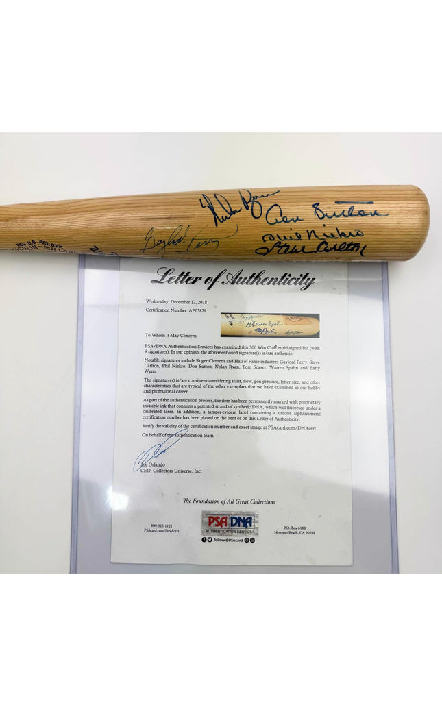 RARE 300 Win Club 9 Sigs Autographed/Signed Baseball Bat Tom Seaver, Nolan Ryan, Clemens, Sutton, Carlton, Niekro, Perry, Spahn & Wynn PSA/DNA