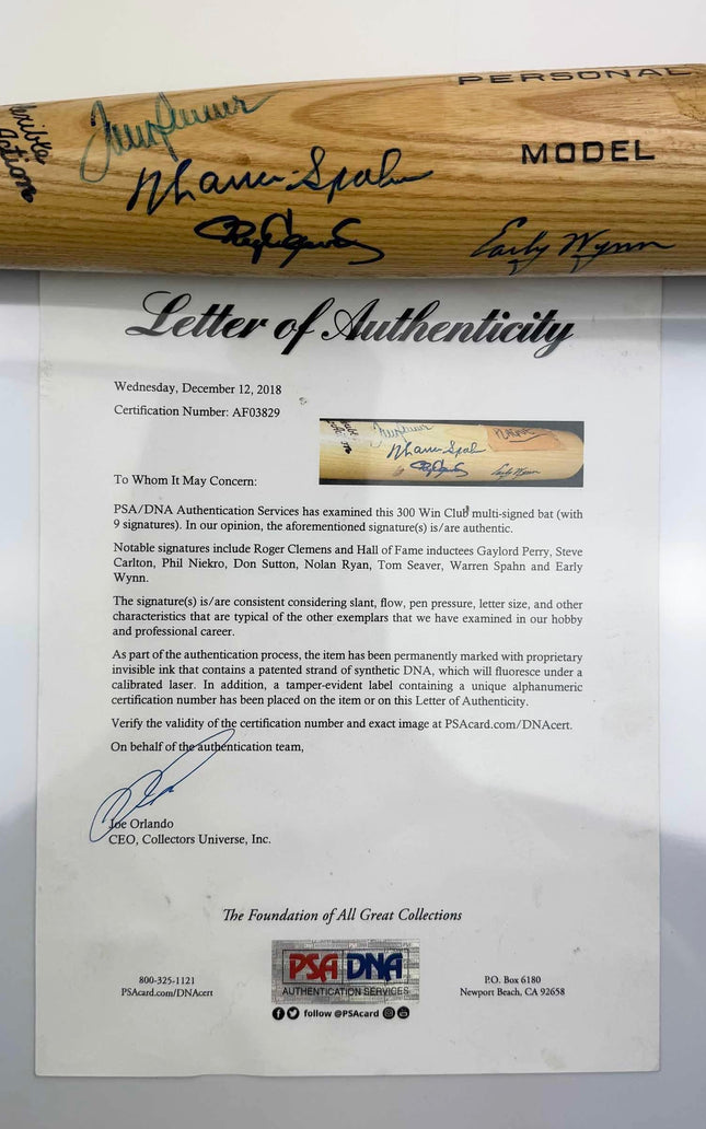 RARE 300 Win Club 9 Sigs Autographed/Signed Baseball Bat Tom Seaver, Nolan Ryan, Clemens, Sutton, Carlton, Niekro, Perry, Spahn & Wynn PSA/DNA