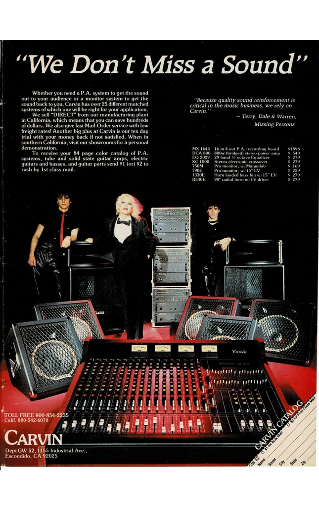 CARVIN - TERRY, DALE BOZZIO & PATRICK O'HEARN OF MISSING PERSONS - 1984 Print Ad