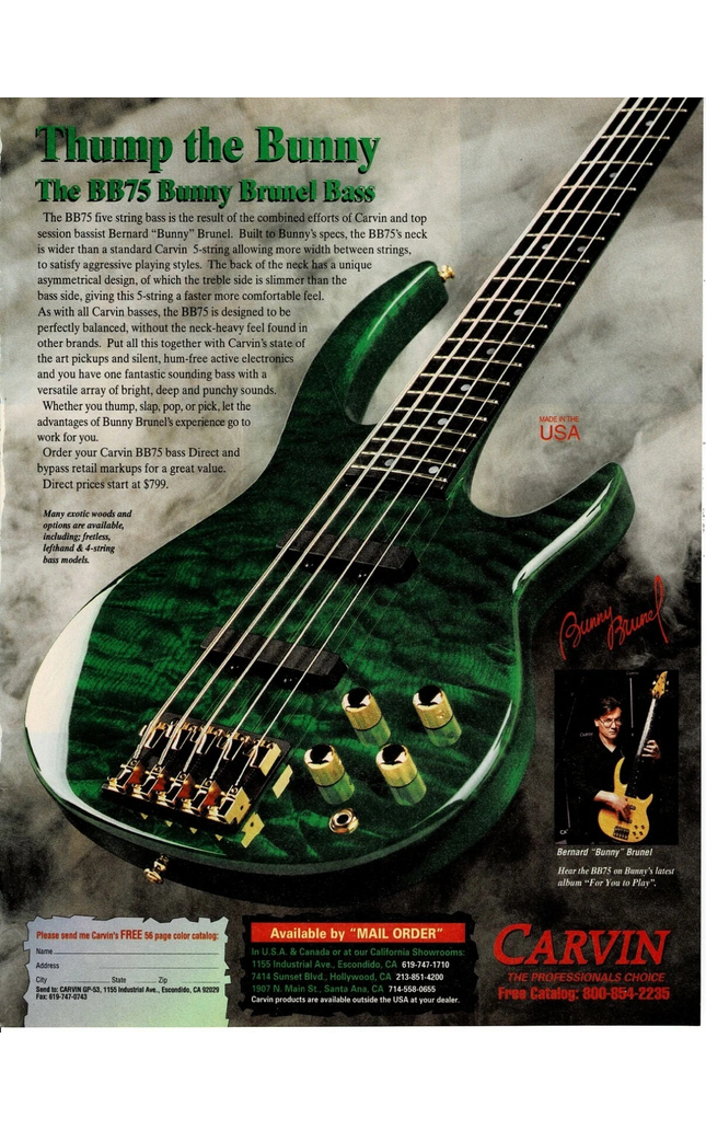 CARVIN GUITARS - BB75 - BUNNY BRUNEL - 1995 Print Advertisement