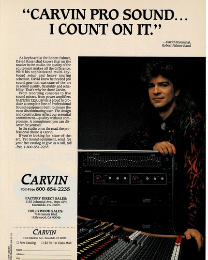 CARVIN - DAVID ROSENTHAL OF ROBERT PALMER BAND - 1989 Print Ad