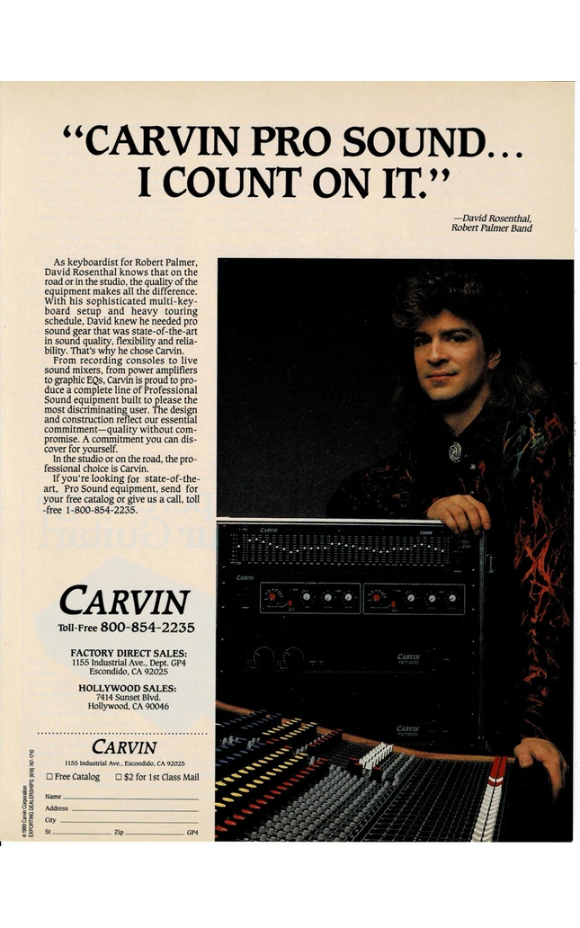 CARVIN - DAVID ROSENTHAL OF ROBERT PALMER BAND - 1989 Print Ad