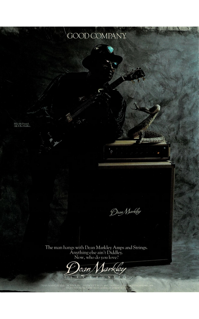 Bo Diddley - Dean Markley Amps/Strings - 1986 Print Ad