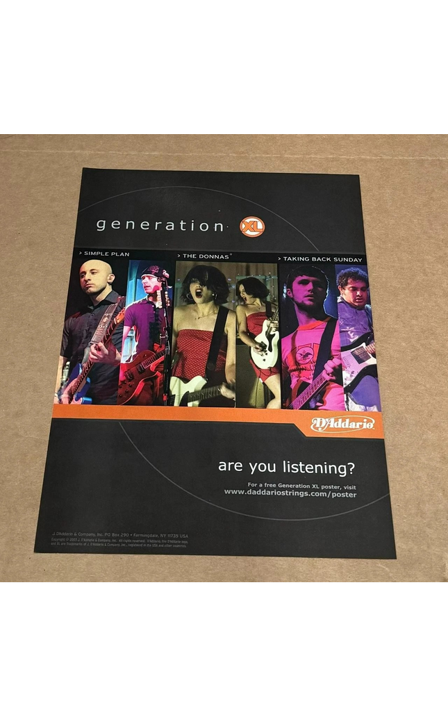D'Addario Strings - SIMPLE PLAN /THE DONNAS /TAKING BACK SUNDAY - 2003 Print Ad