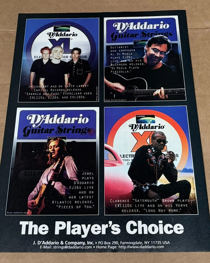 D'Addario Strings - EVERCLEAR / JEWEL / DI MEOLA / GATEMOUTH - 1997 Print Ad (Copy)