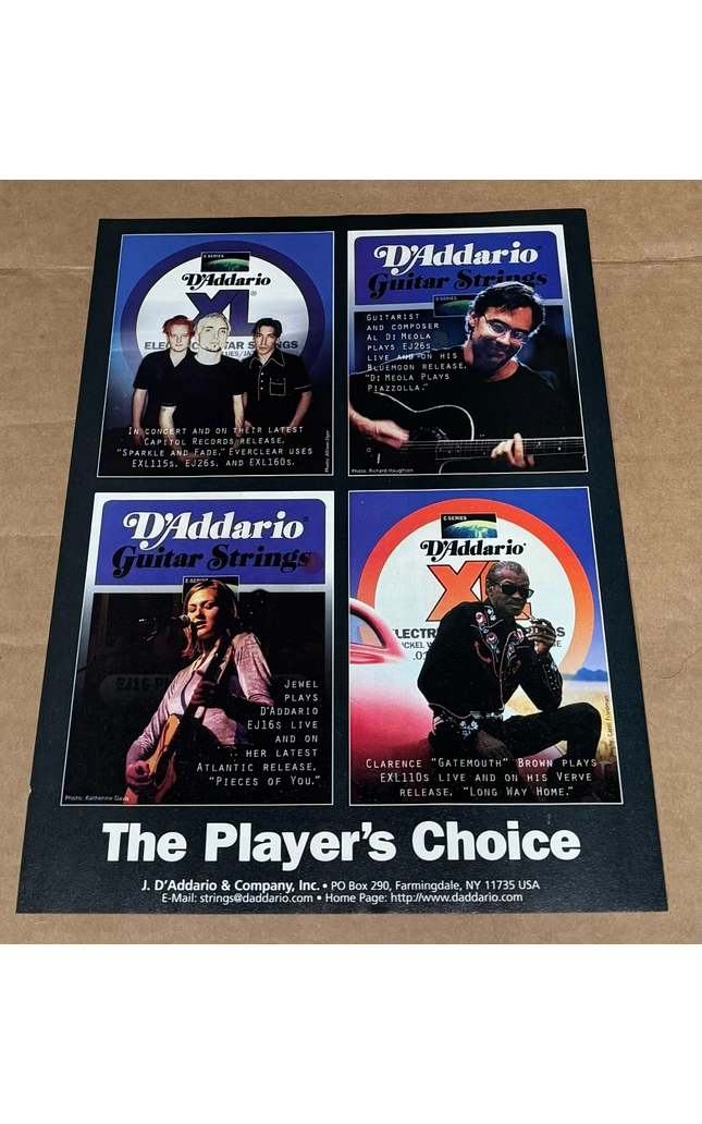 D'Addario Strings - EVERCLEAR / JEWEL / DI MEOLA / GATEMOUTH - 1997 Print Ad (Copy)