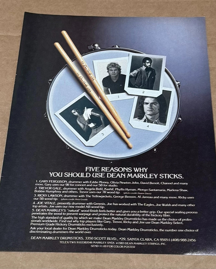 Ricky Lawson / Joe Vitale /Trevor Gale - Dean Markley Drumsticks - 1984 Print Ad